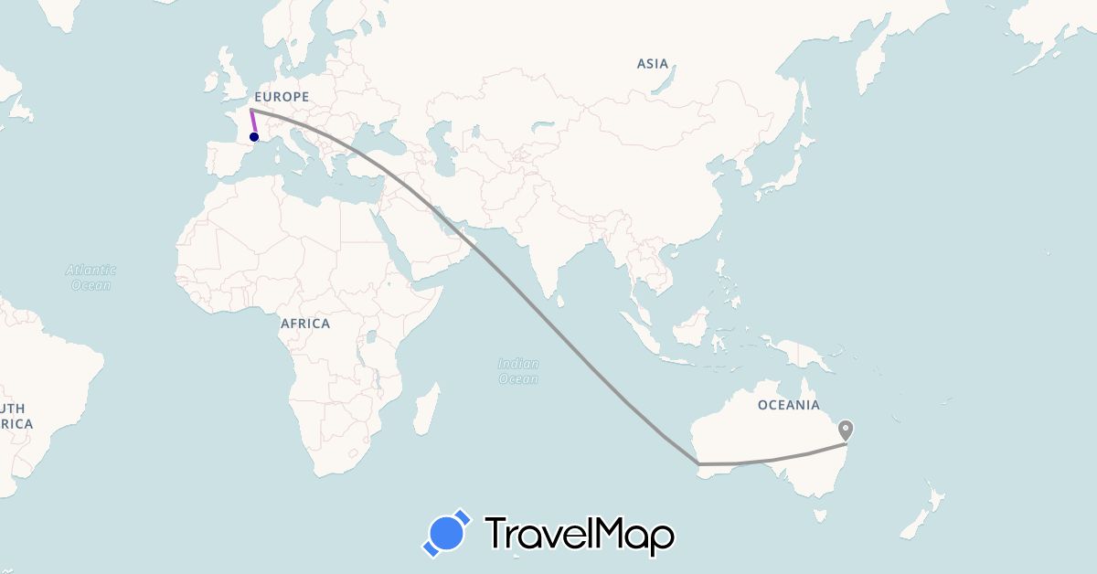 TravelMap itinerary: driving, plane, train in United Arab Emirates, Australia, France (Asia, Europe, Oceania)